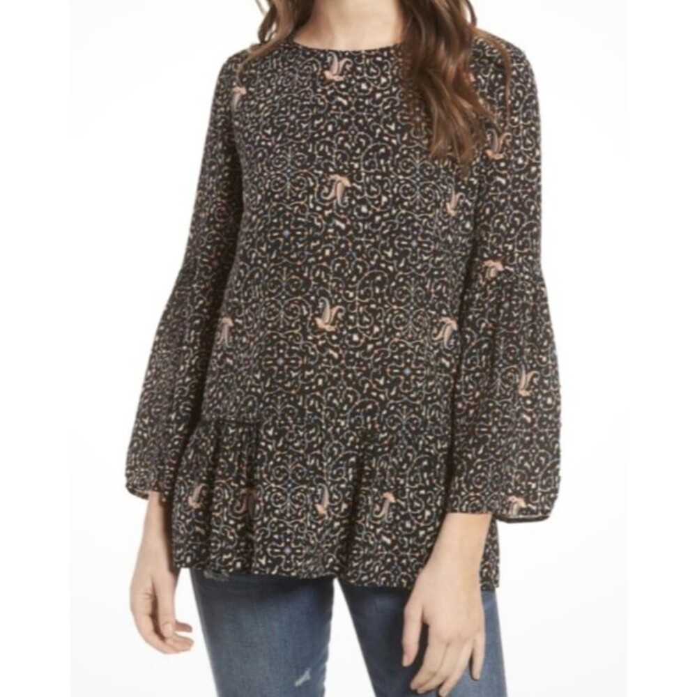Madewell Fiesta Paisley 100% Silk Blouse Black Multi Peplum Quarter Sleeve Top M
